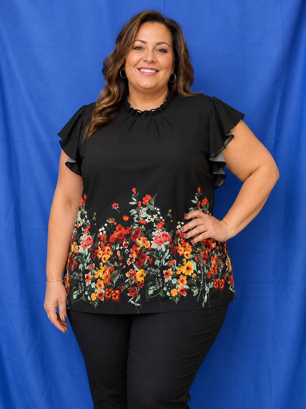 SHEIN Curve 2XL Black Floral Ruffle Sleeve Blouse